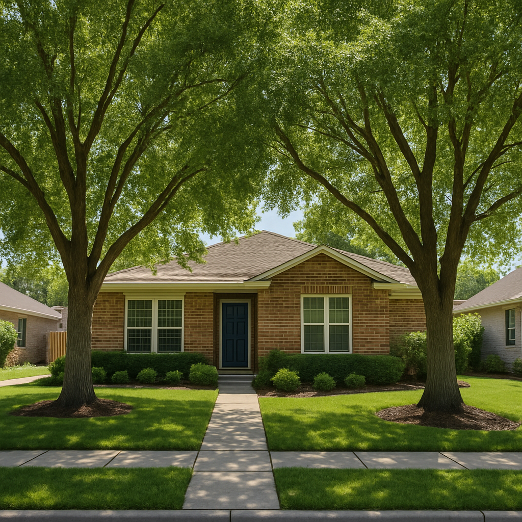 urban frontyard with large trees that are maintained